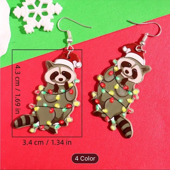 🎄3 for $23🎄 Christmas Light Decorated Raccoon Dangle Earrings - Picture 2 of 3
